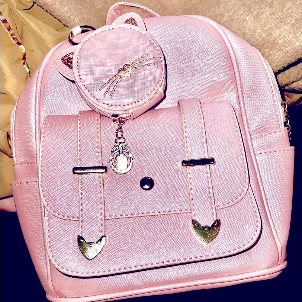 Baby pink mini book bag/backpack w/matching kitty coin purse